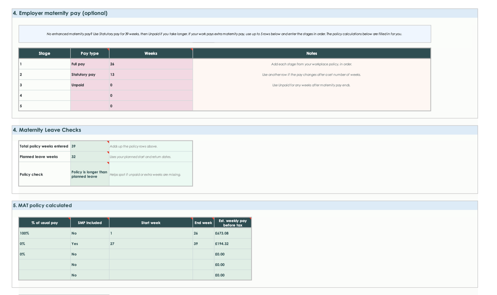 Screenshot of the employer maternity pay section and maternity leave checks.