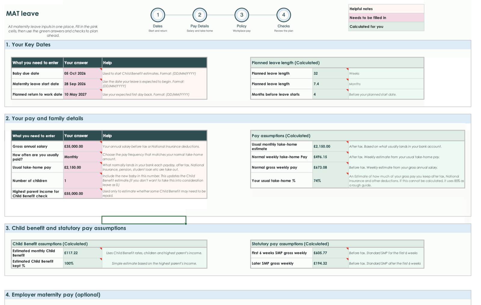 Screenshot of the MAT leave setup sheet with date, pay and Child Benefit sections.
